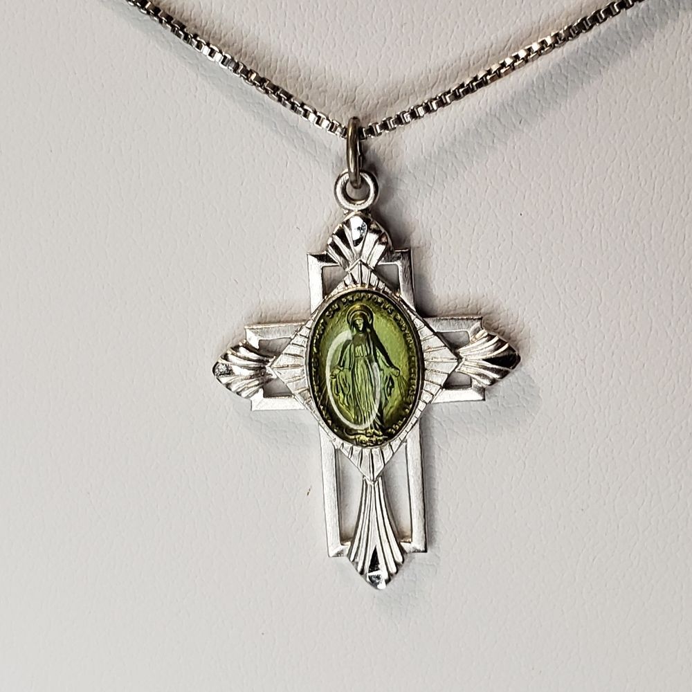 Miraculous Medal Cross Mother Mary pendant on silver chain 925